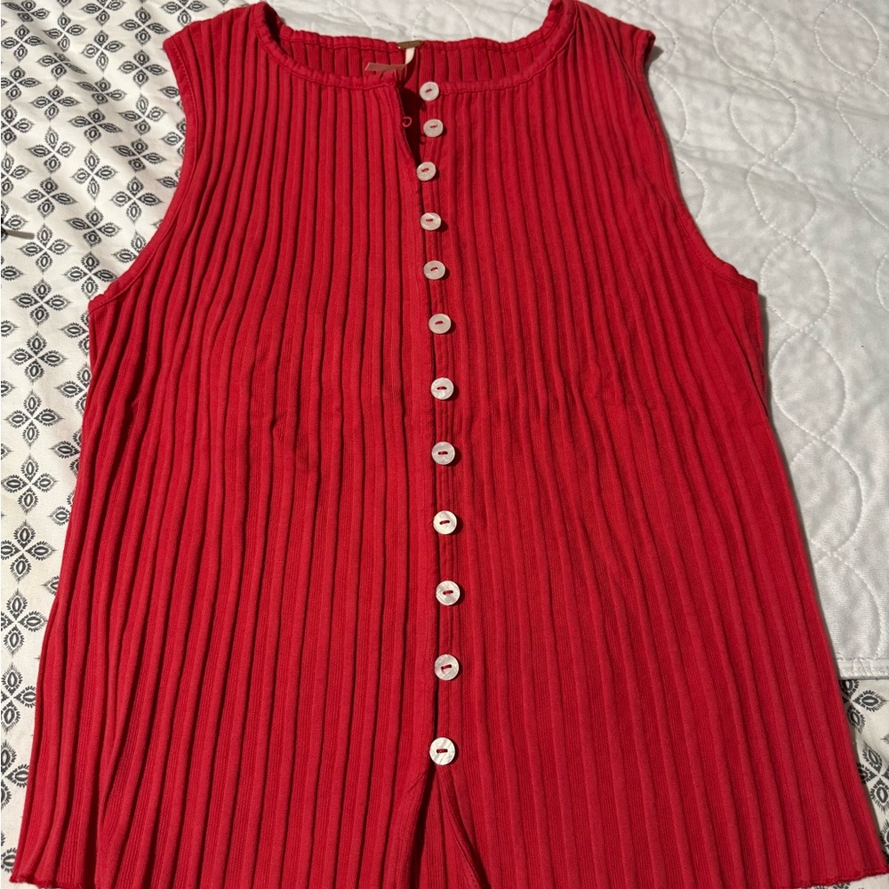 Free People Red Ribbed Button Up Top